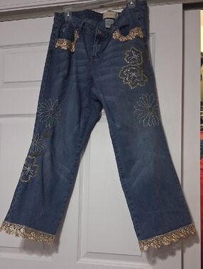 Z. Cavaricci Blue Denim Flare Jeans with Gold Floral Trim Sz 16 $45.